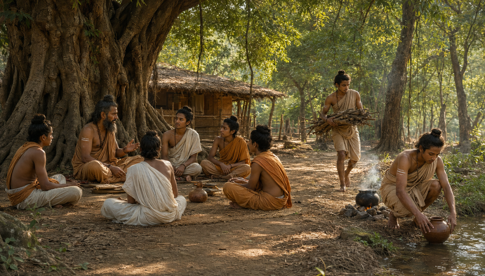 A teacher instructs disciples beneath a tree while Utanka tends the hermitage fire and carries gathered wood nearby.