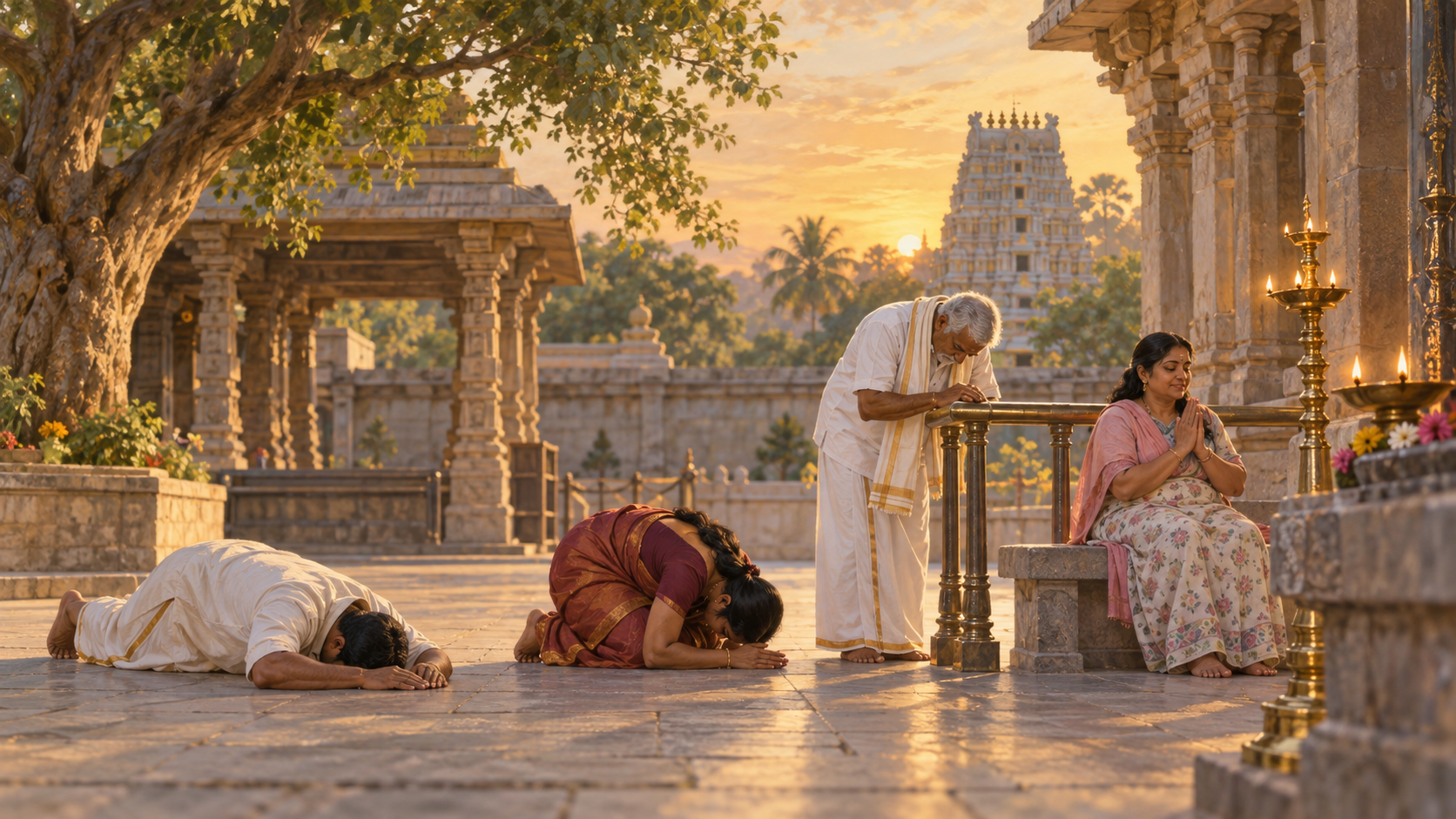 Devotees of different ages and abilities pray through full prostration, kneeling, supported bowing, and seated joined hands in a temple courtyard.