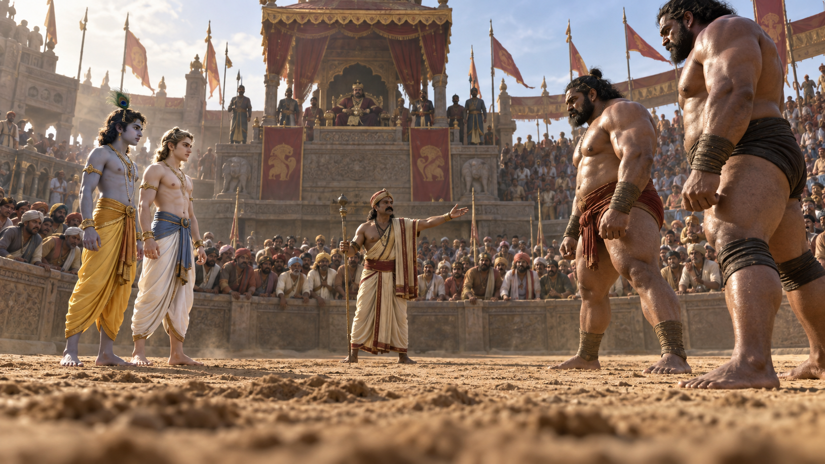 The youthful Krishna and Balarama stand opposite two towering adult wrestlers on the sandy floor of Kamsa's arena.
