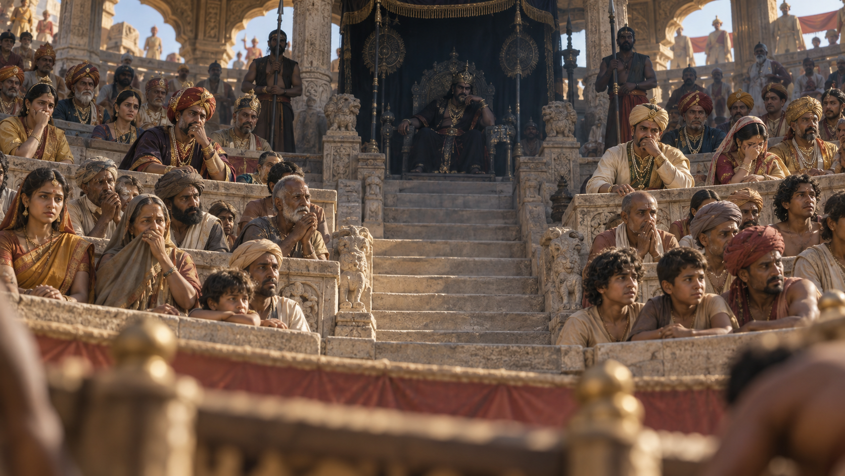 Nobles, officials, and townspeople react uneasily in the arena stands as Kamsa watches from an elevated seat.