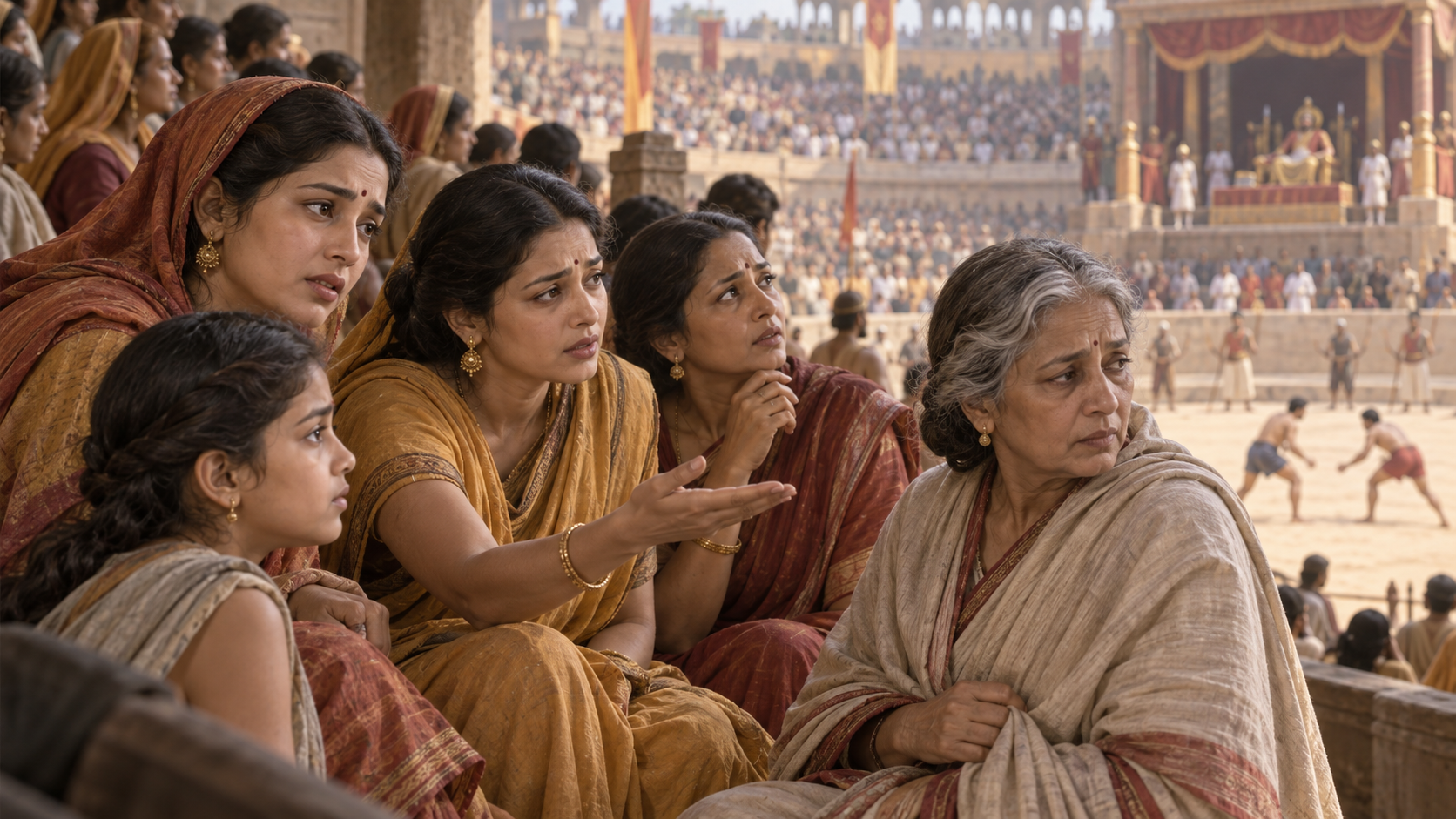 Concerned women in the arena observe the unequal contest, confer with one another, and look toward Kamsa's platform.