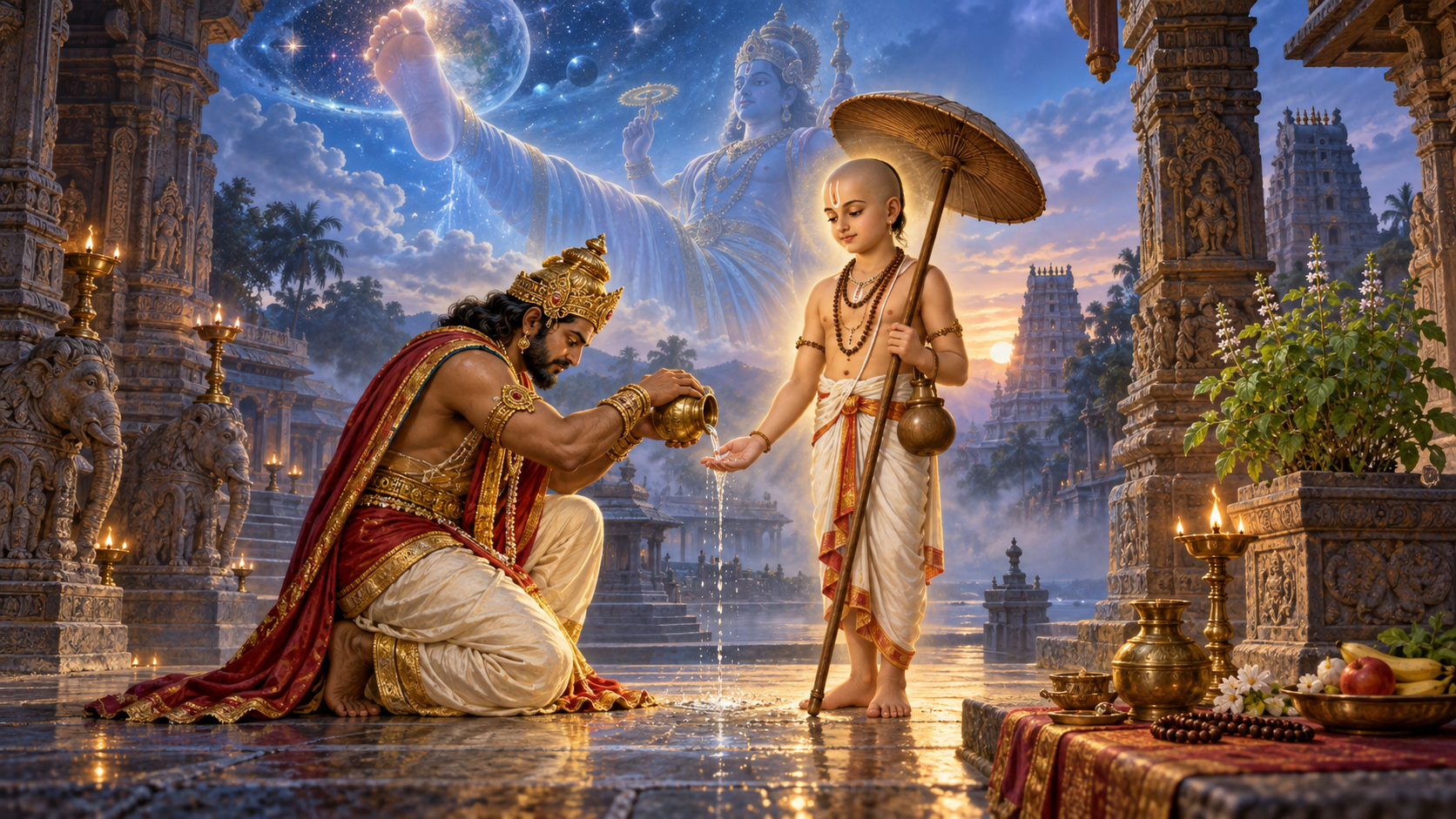 King Bali kneels and pours water into Vamana's hand as a luminous cosmic form rises behind them, with an oil lamp, prayer beads, fruit, and a tulsi plant nearby.