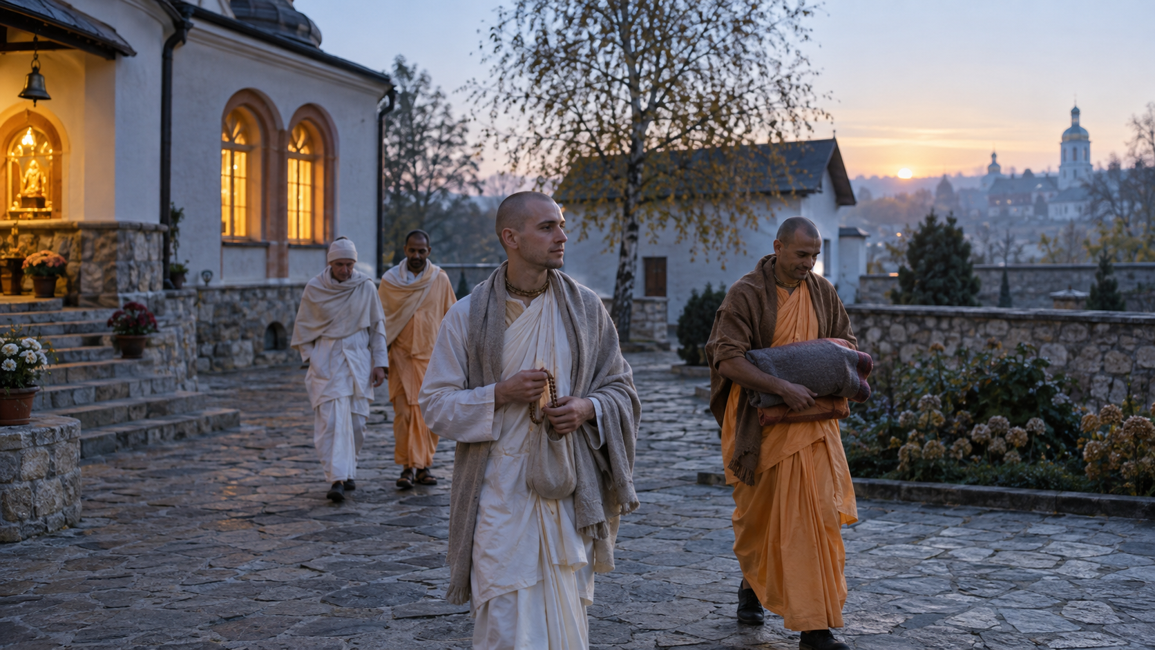 Adult male monastic residents walk through a modest Ukrainian temple courtyard in the early morning.