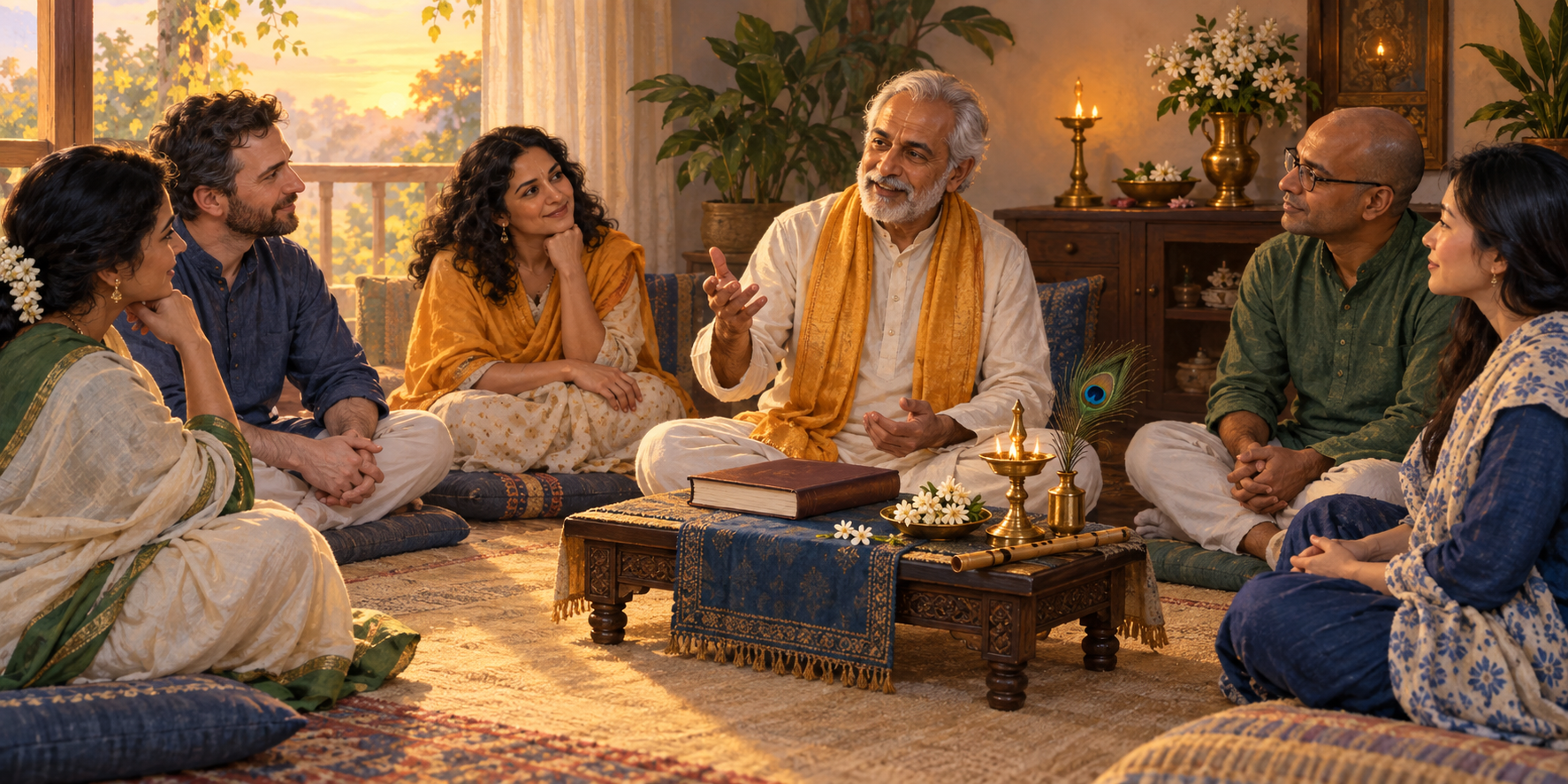 Devotees sit in a semicircle listening to an elder speak beside a sacred book, oil lamp, flute, flowers, and peacock feather.
