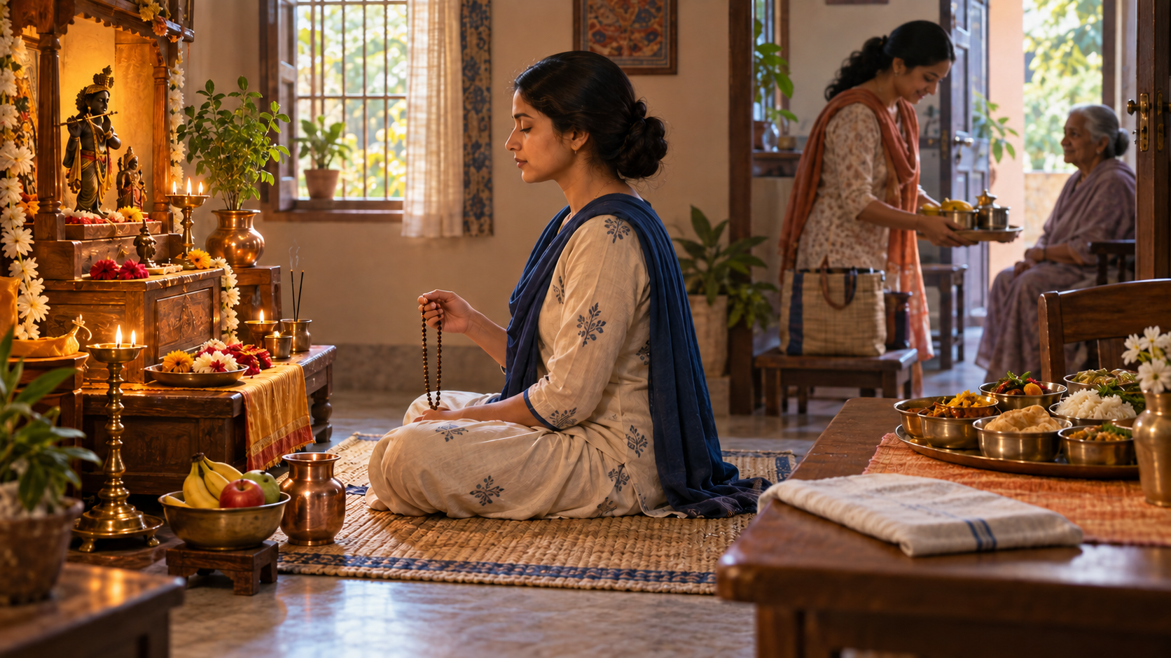 A devotee chants with prayer beads in a home shrine room while another person prepares food for an elderly neighbor; fruit and water rest nearby.