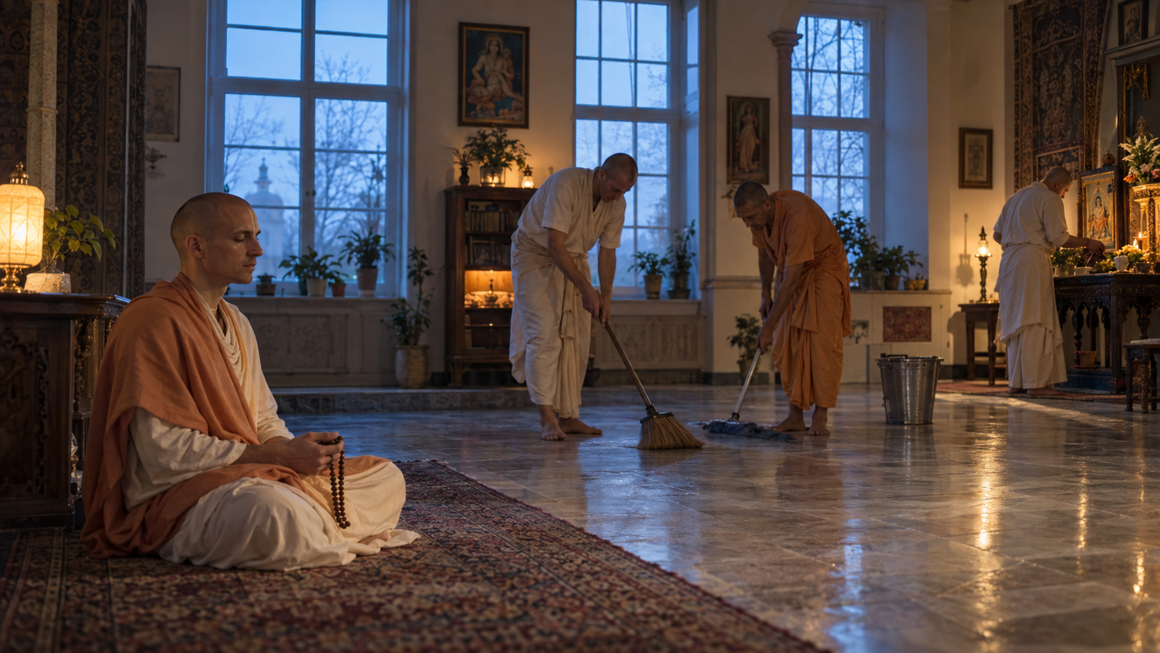 Four ashram residents meditate, clean, and prepare a devotional space during an early morning routine.