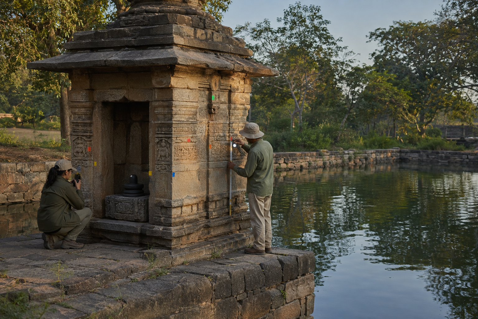 Two conservation workers document the masonry of a fictional stone Shiva shrine beside a pond using measuring tools and a camera.
