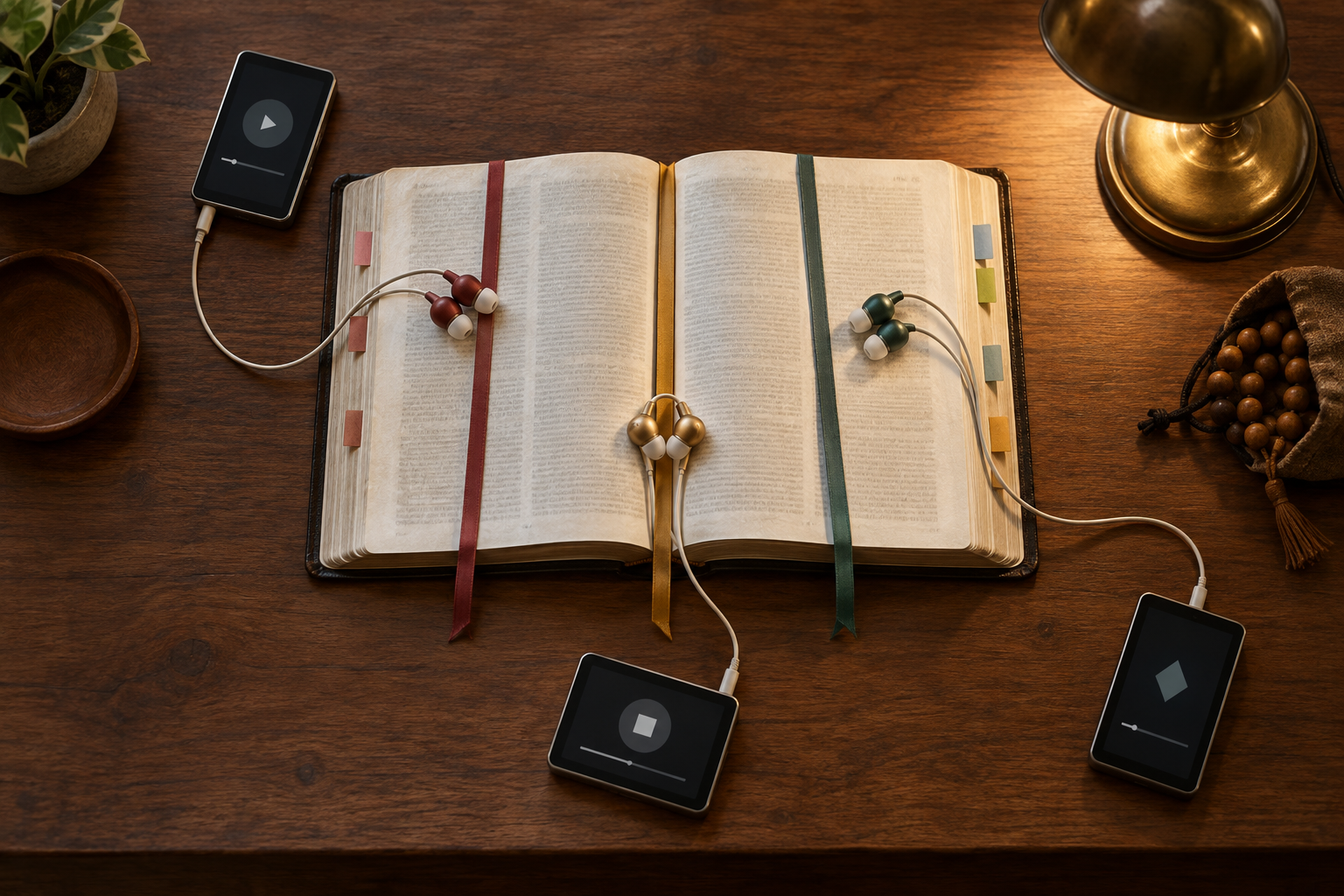 An open sacred book with colored passage markers is surrounded by earbuds and audio devices on a wooden desk.