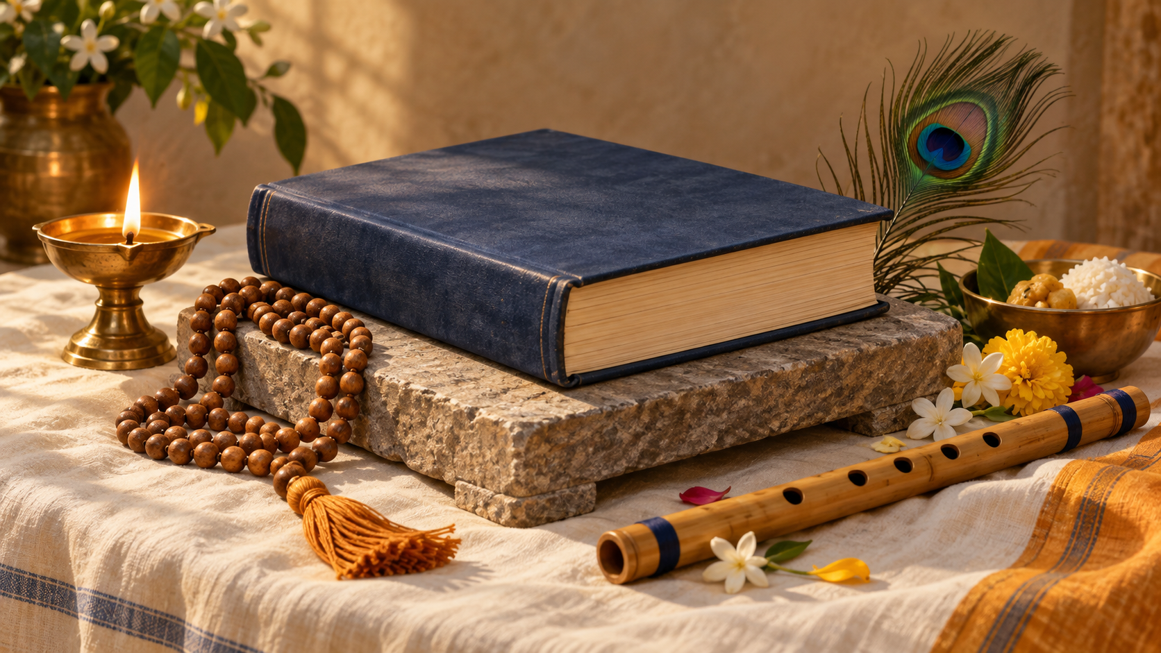 A sacred book rests on a stone base beneath a prayer mala, lamp, flowers, offering bowl, flute, and peacock feather.