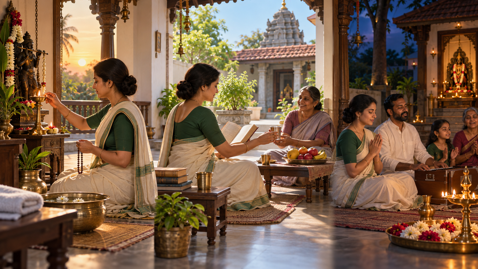 Three connected scenes show an Ekadashi day progressing from sunrise prayer to midday study and service and evening family devotion.