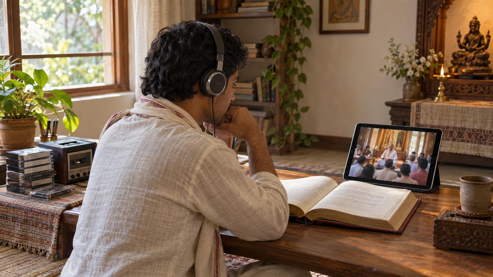 A devotee studies an open sacred book beside an older audio player and a tablet showing a temple class.