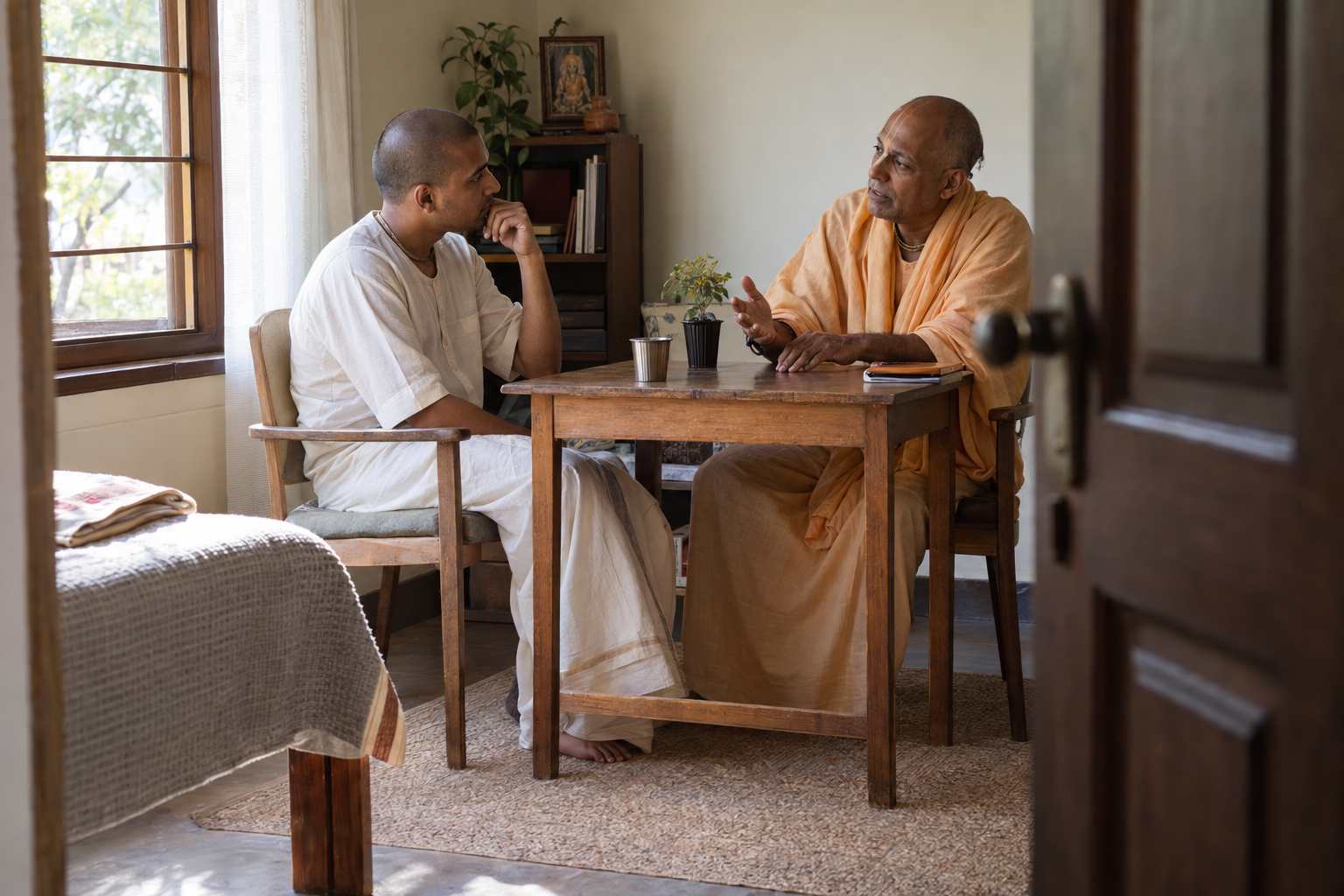 A younger ashram resident has a private mentoring conversation with an older devotee in a simply furnished room.