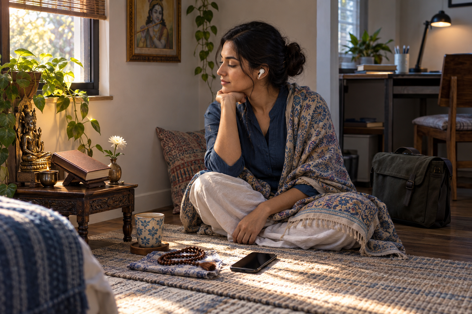 A devotee listens through an earbud beside a closed sacred book, prayer beads, tea, and a work bag in a quiet morning corner.