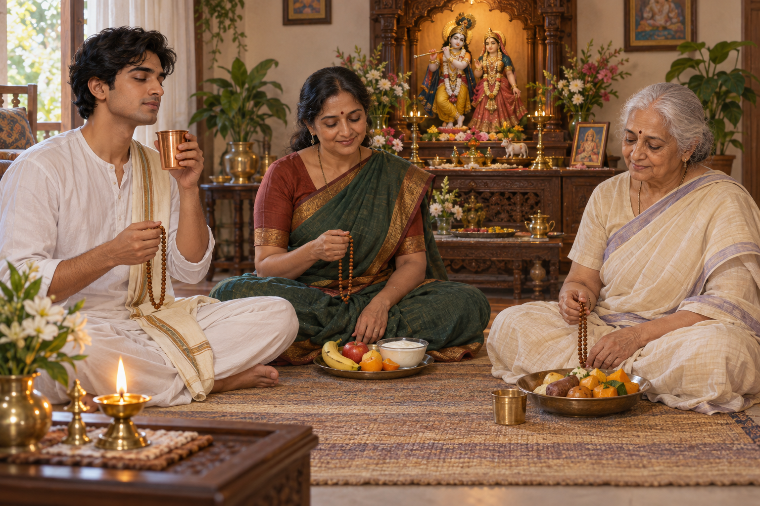 Three devotees of different ages observe Ekadashi with water, fruit and yogurt, or a simple grain-free meal beside a home shrine.