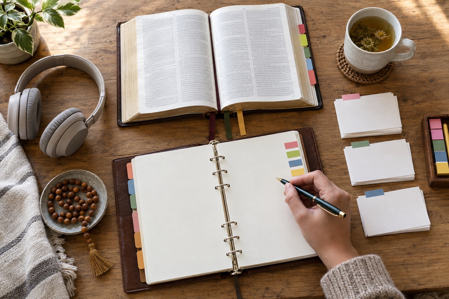 An organized study desk holds an open sacred book, headphones, a binder, index cards, bookmarks, and prayer beads.