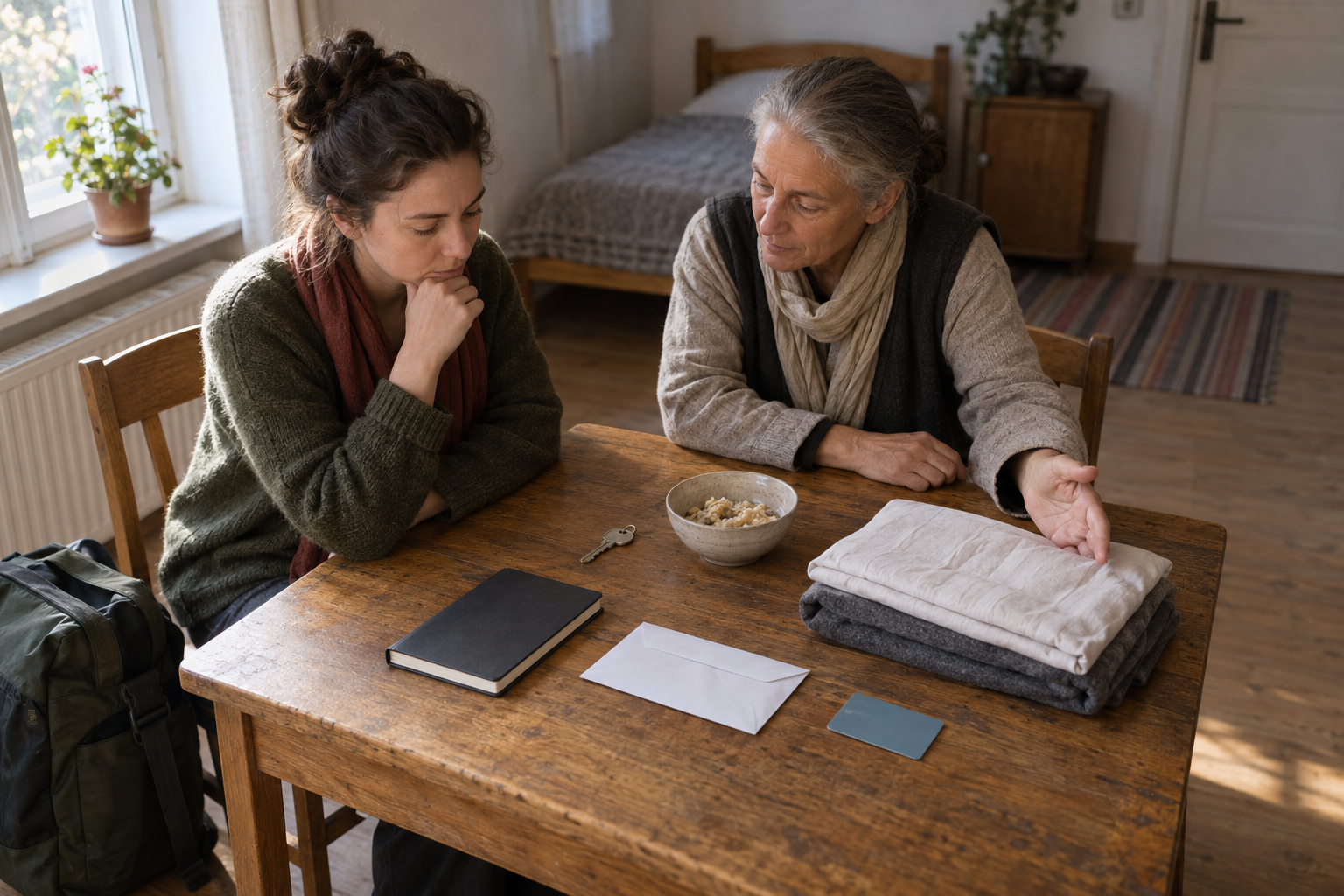 A prospective resident and an ashram coordinator discuss practical living arrangements beside keys, bedding, food, and a travel bag.