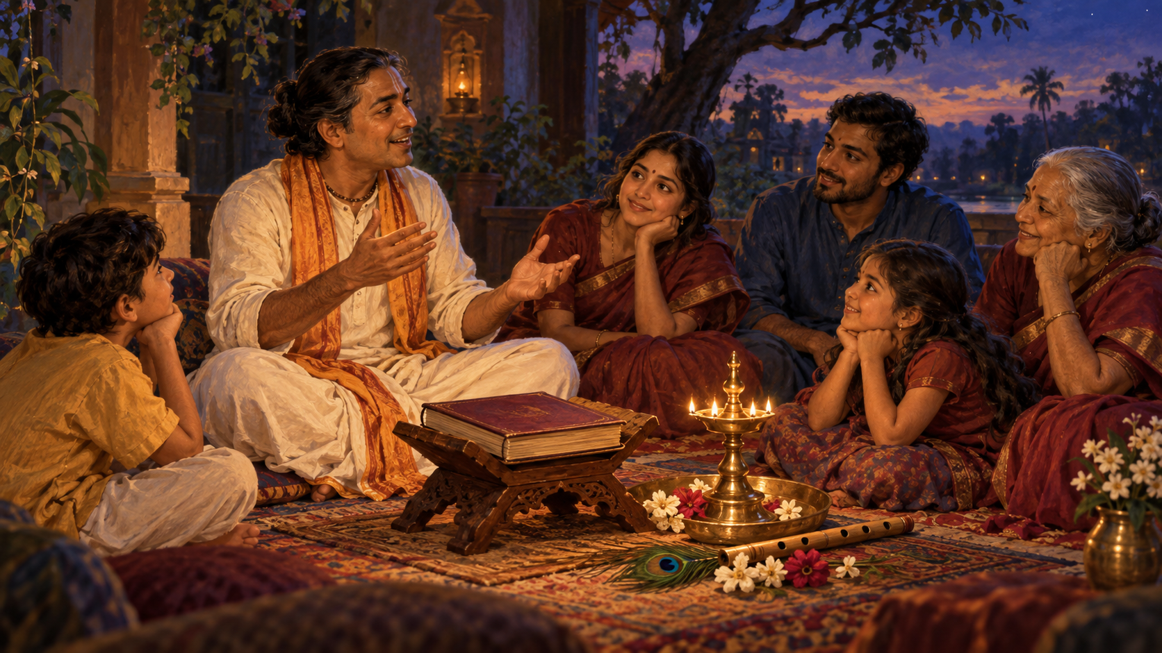 A devotee gestures while sharing a Krishna story with an attentive intergenerational group gathered around a sacred book and lamp.
