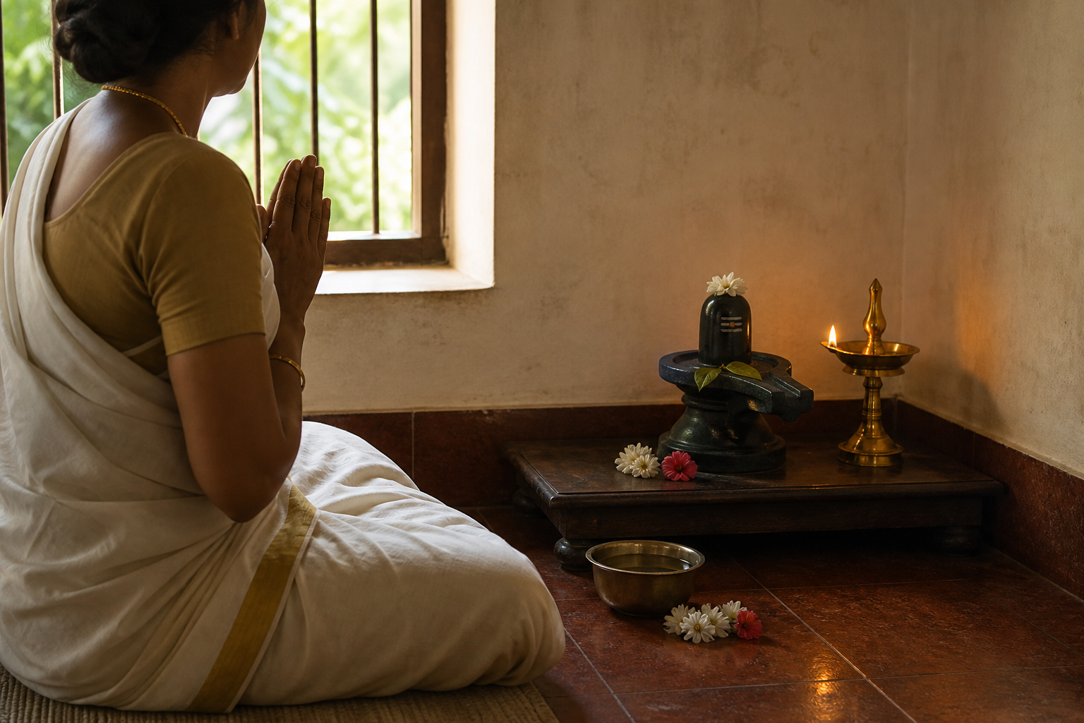 A devotee sits in prayer before a simple home Shiva shrine with an oil lamp, water, and flowers in soft morning light.