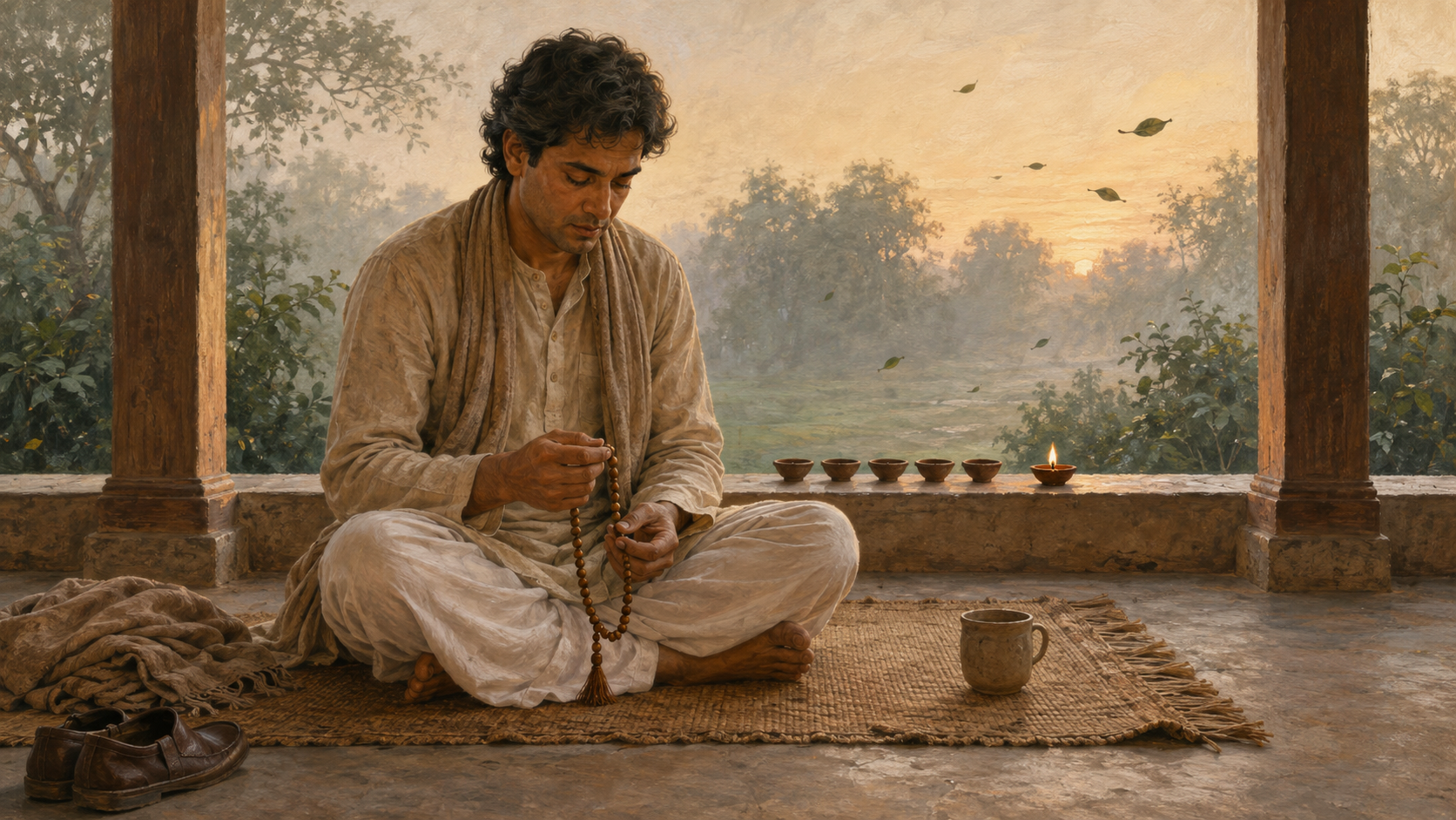 A practitioner steadily moves wooden prayer beads beside a burning clay lamp on a veranda at dawn, with mist and windblown leaves beyond.