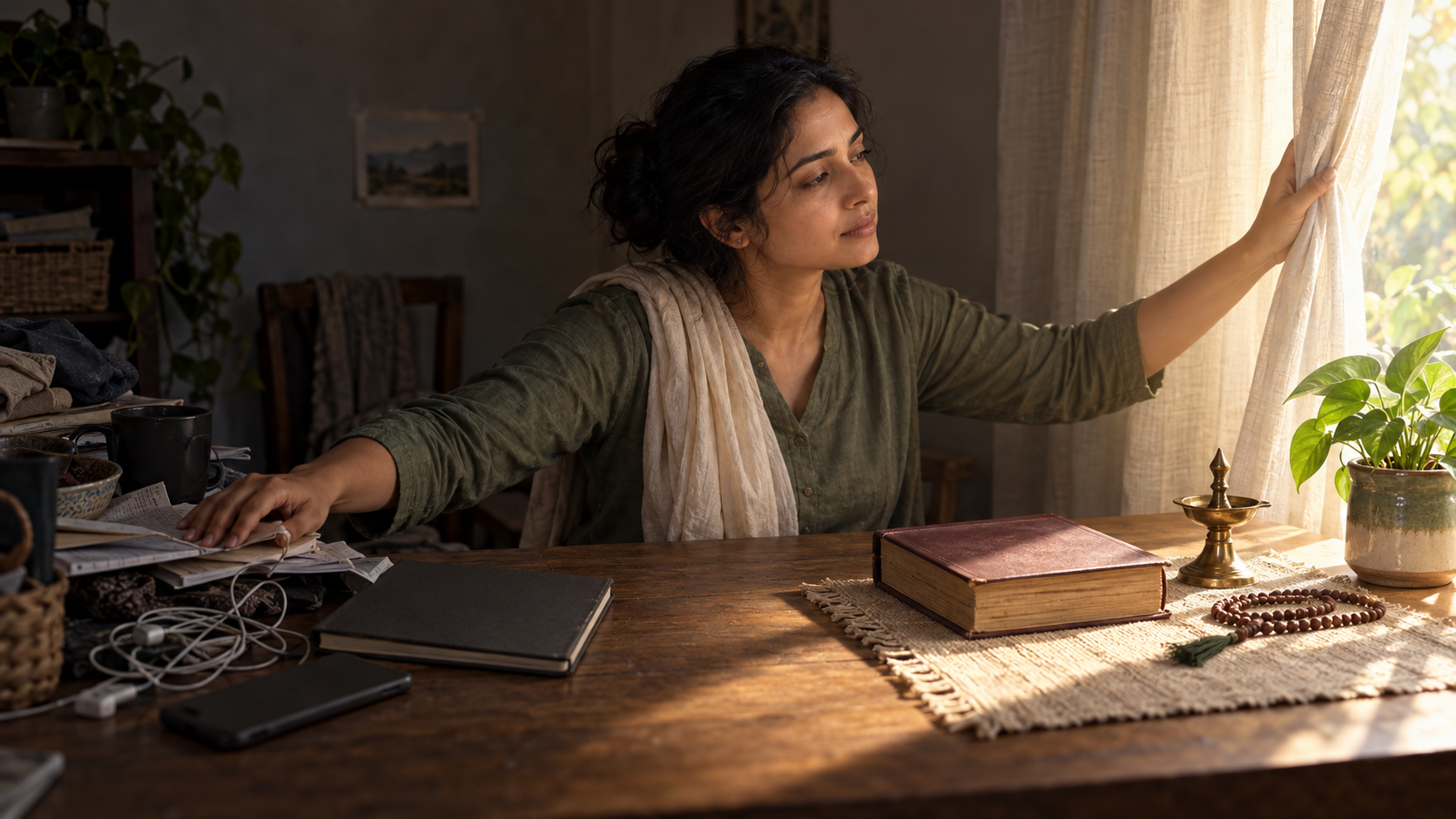 A devotee clears distractions from a prayer space as morning light falls across a sacred book, prayer beads, lamp, and plant.