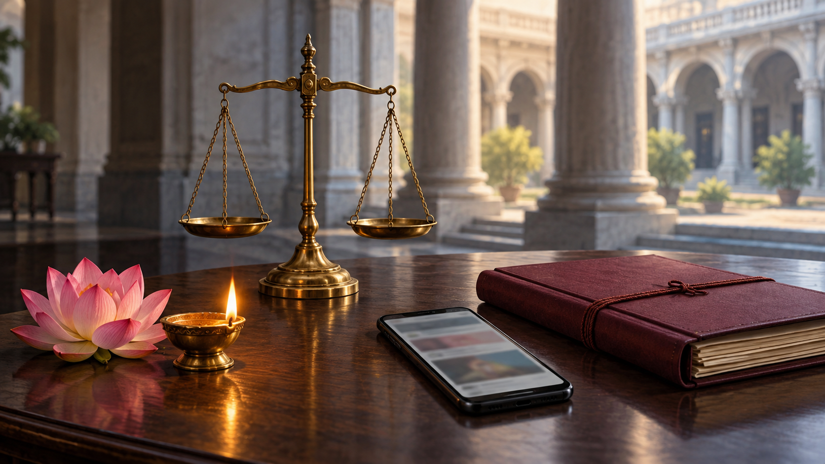 A smartphone, closed legal file, brass scales, oil lamp, and lotus rest on a desk with courthouse-style arches in the background.
