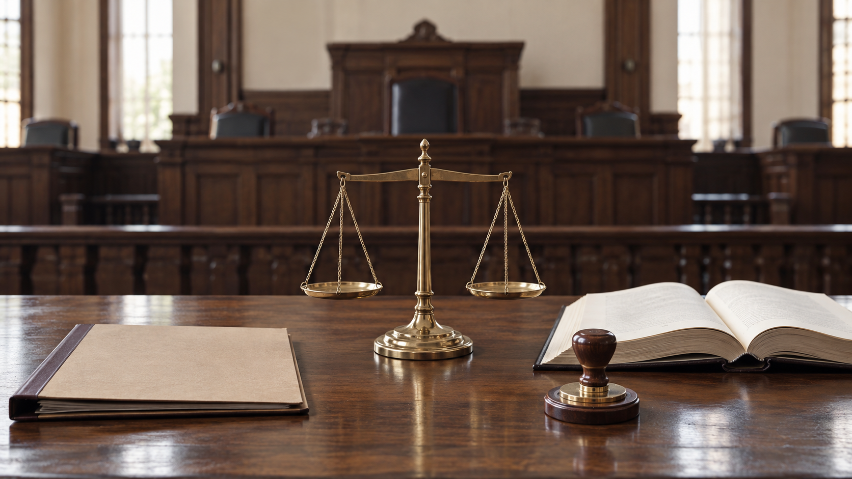 A closed procedural folder, open law book, seal, and level scales sit before an empty courtroom bench.