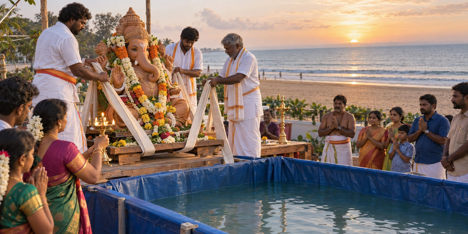 Devotees perform final prayers around a natural-clay Ganesh idol beside a temporary immersion tank, with the Chennai coast visible behind them.
