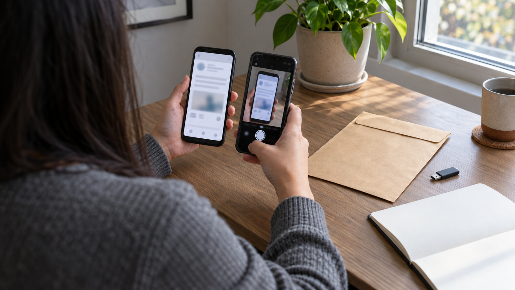 A person uses one phone to document an abstract post displayed on another phone beside an evidence envelope and storage drive.
