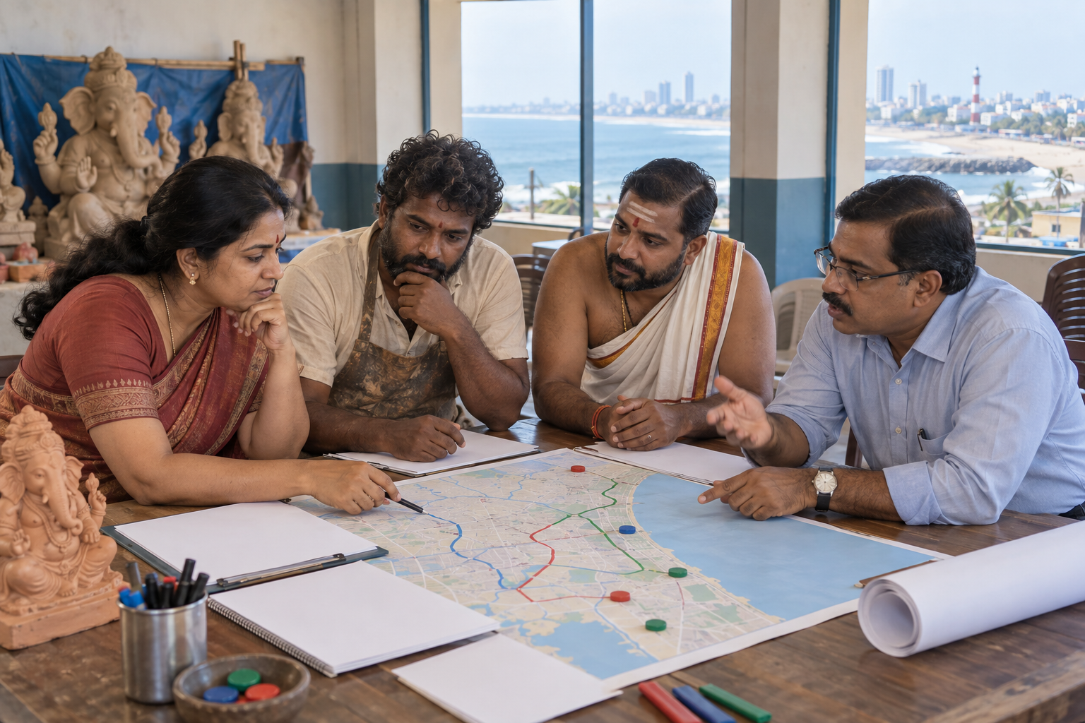 Organizers, an artisan and a municipal official examine an unlabeled map and permit papers while planning a Ganesh immersion route near Chennai's coast.
