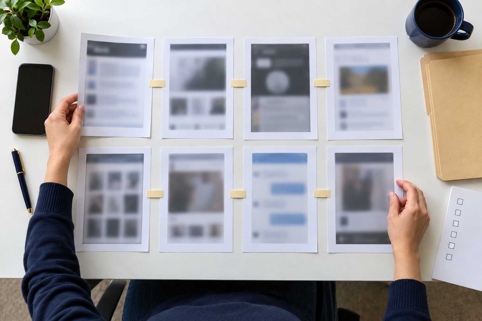 Hands organize blurred screenshots, blank tabs, a phone, and an unlabeled checklist into a tidy evidence file.