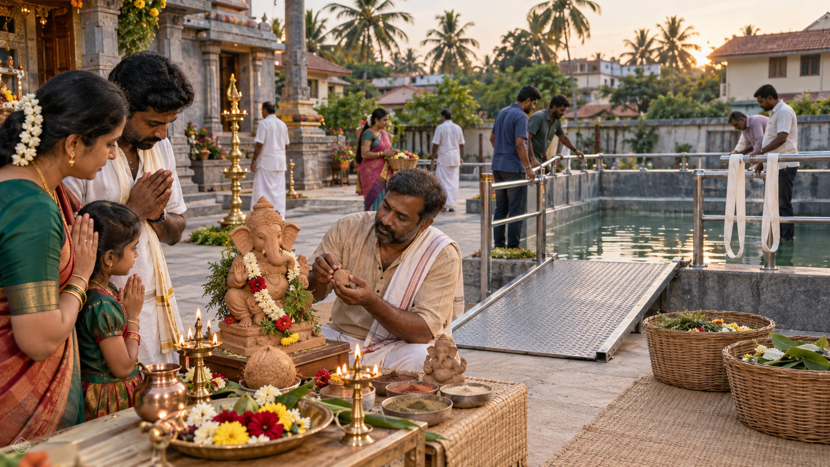 Devotees and volunteers prepare a natural-clay Ganesh idol, ritual offerings and an accessible controlled immersion basin in a temple courtyard.
