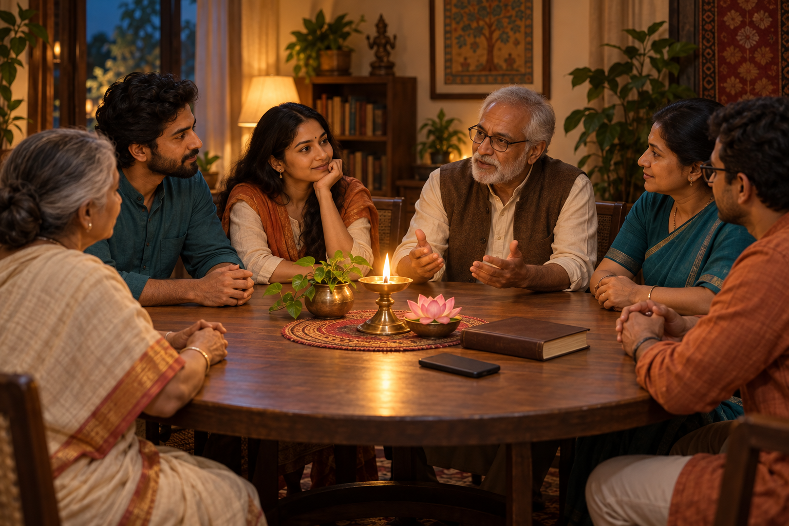 A multigenerational group holds a calm discussion around a table with an oil lamp, lotus, closed law book, and face-down phone.