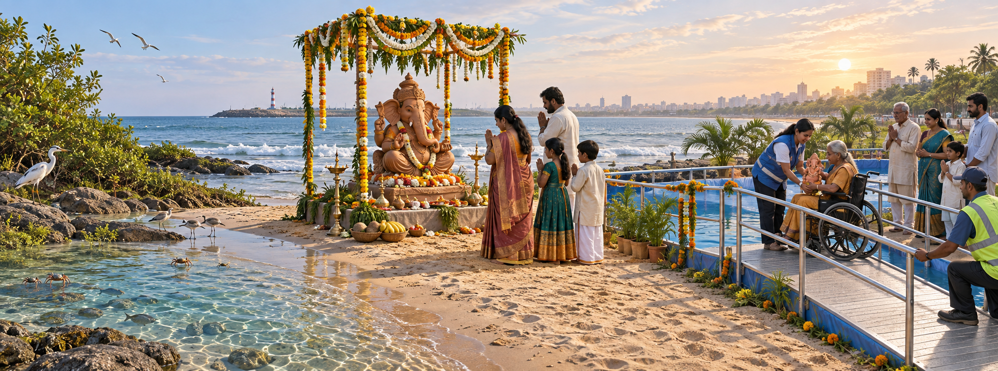 A coastal scene combines protected wildlife, respectful prayers around a clay Ganesh idol and an accessible temporary immersion pool for diverse devotees.