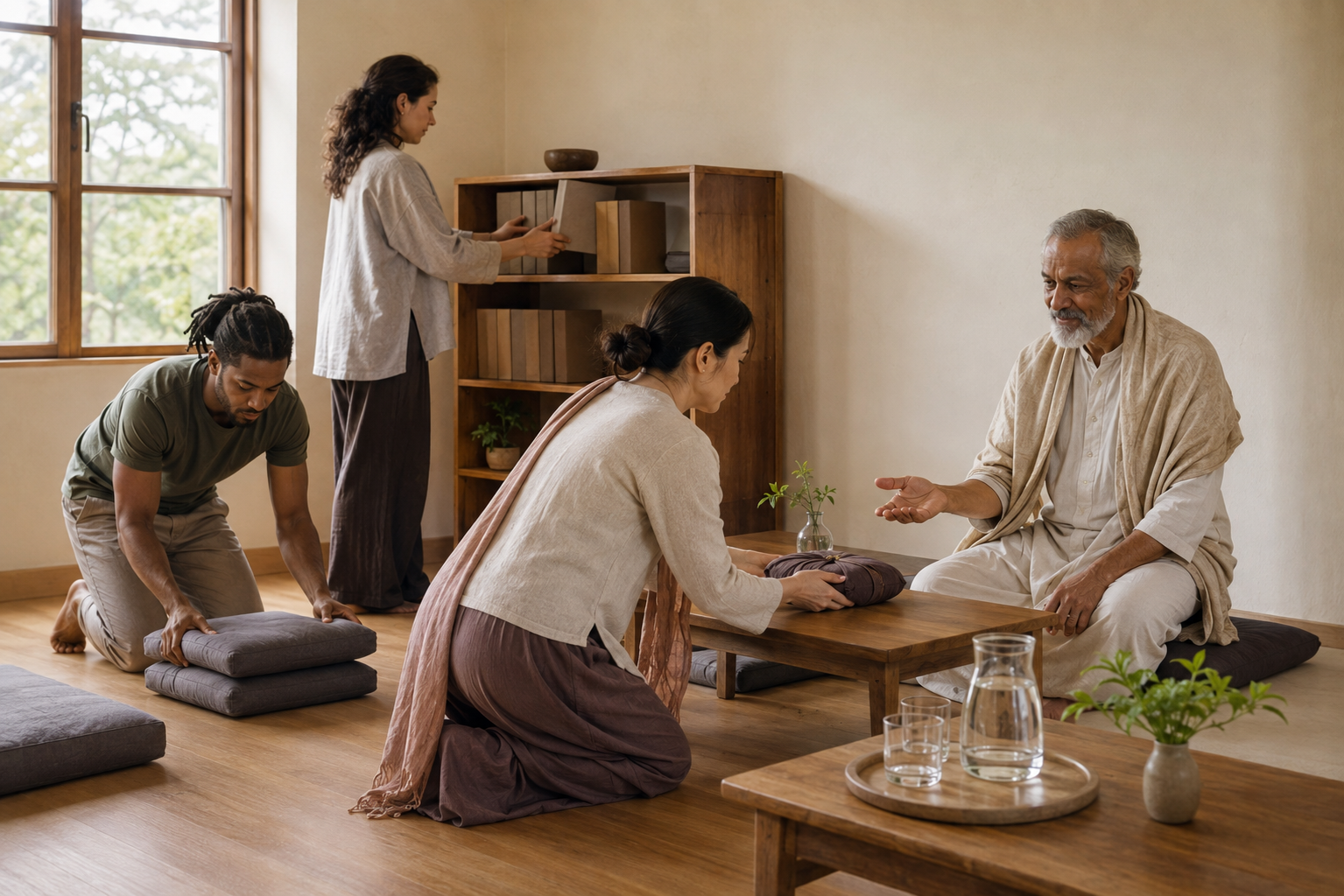 Students tidy a modern spiritual study hall while one asks an elder teacher before placing a modest wrapped offering on a table.