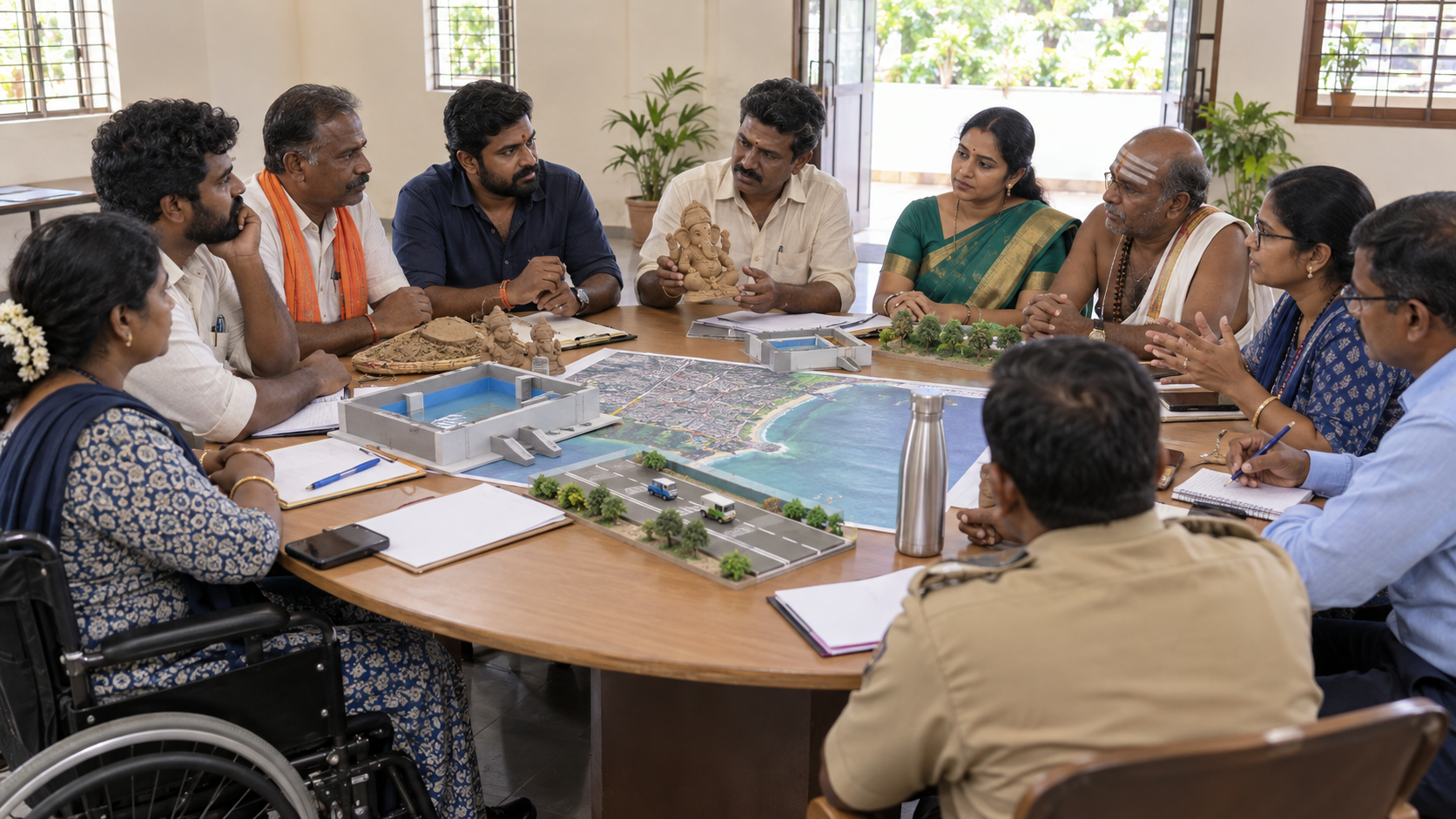 Devotees, artisans, environmental and accessibility advocates, and municipal staff discuss coastal routes and temporary immersion-tank models at a community meeting.