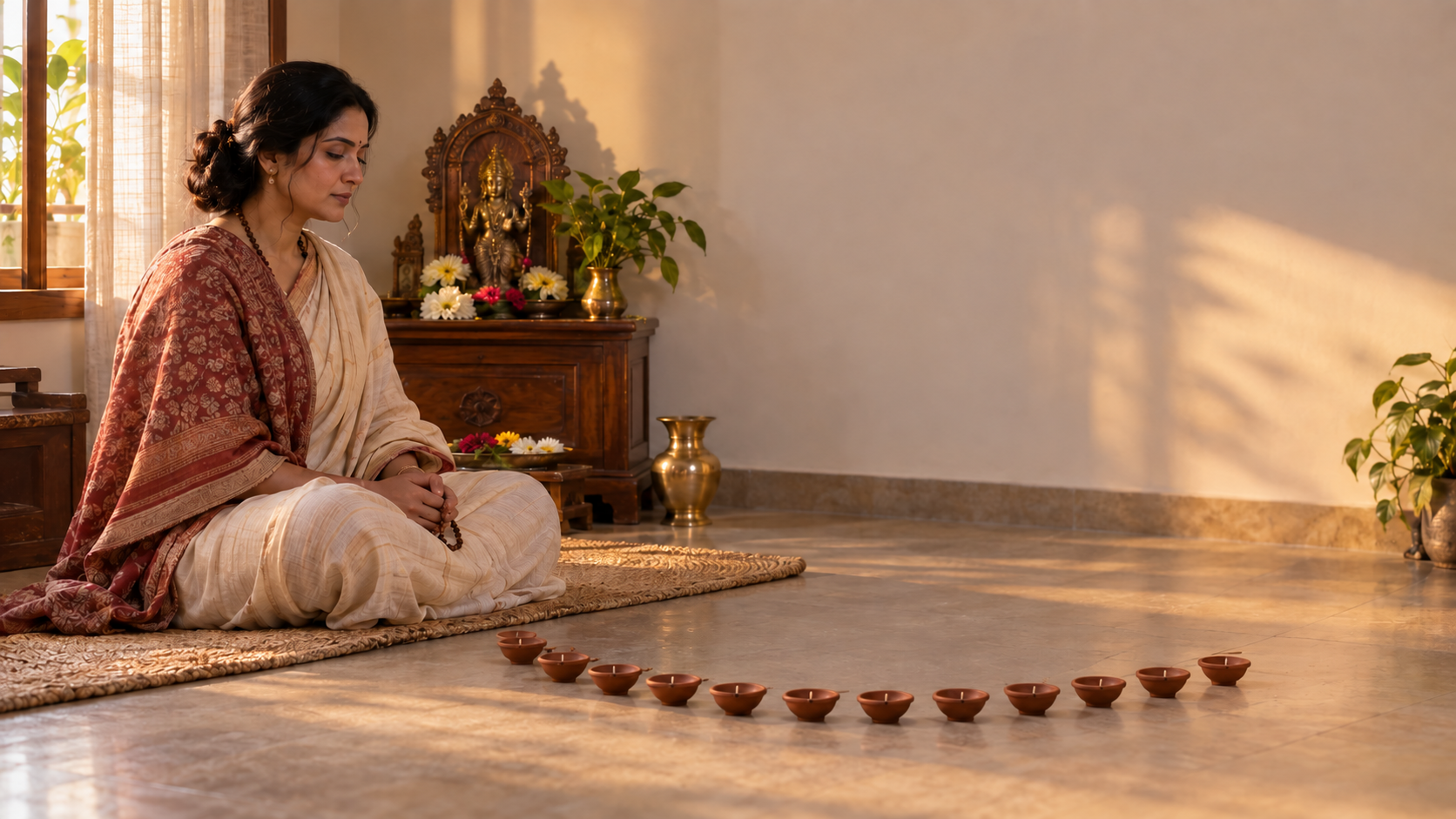An adult practitioner sits in quiet reflection before a simple home shrine, with twelve clay lamps arranged on the floor nearby.