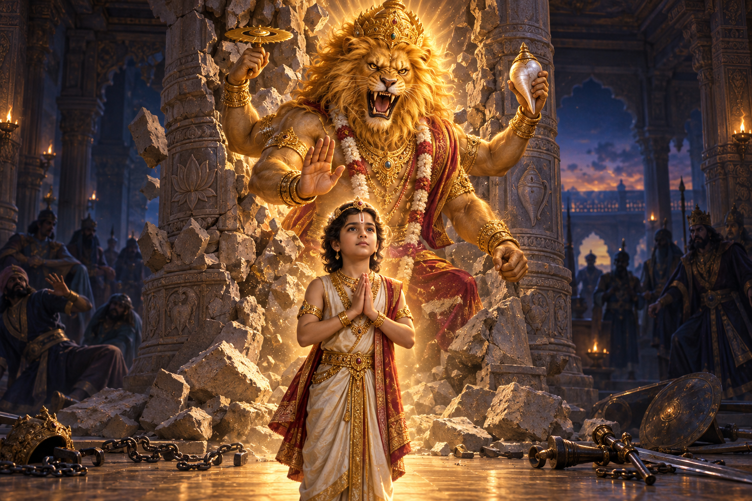 Lion-headed Narasimha emerges from a shattered palace pillar as Prahlada stands calmly with folded hands in warm light.