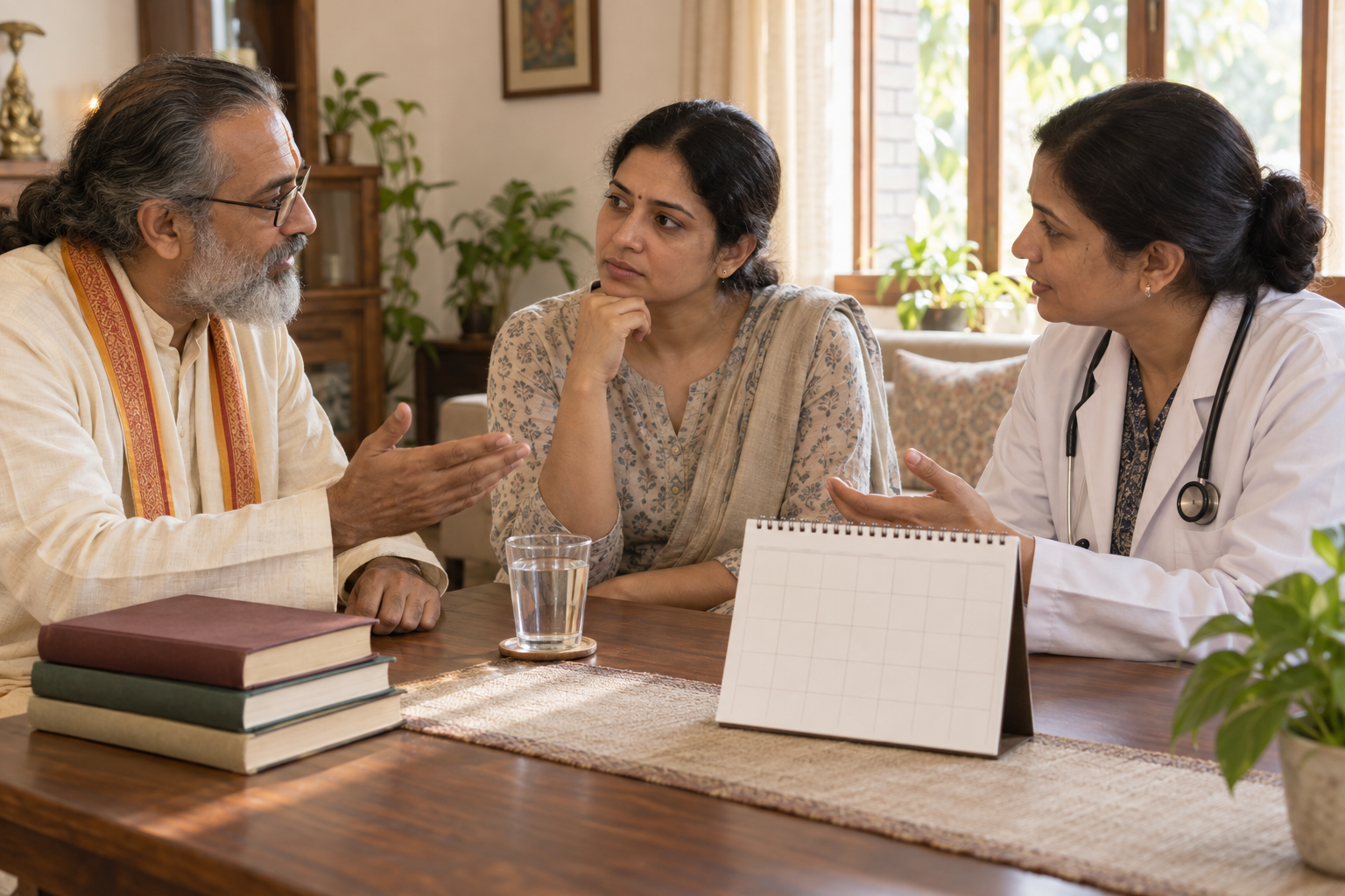An adult discusses a planned religious observance with a Hindu teacher and a health professional in a quiet home setting.