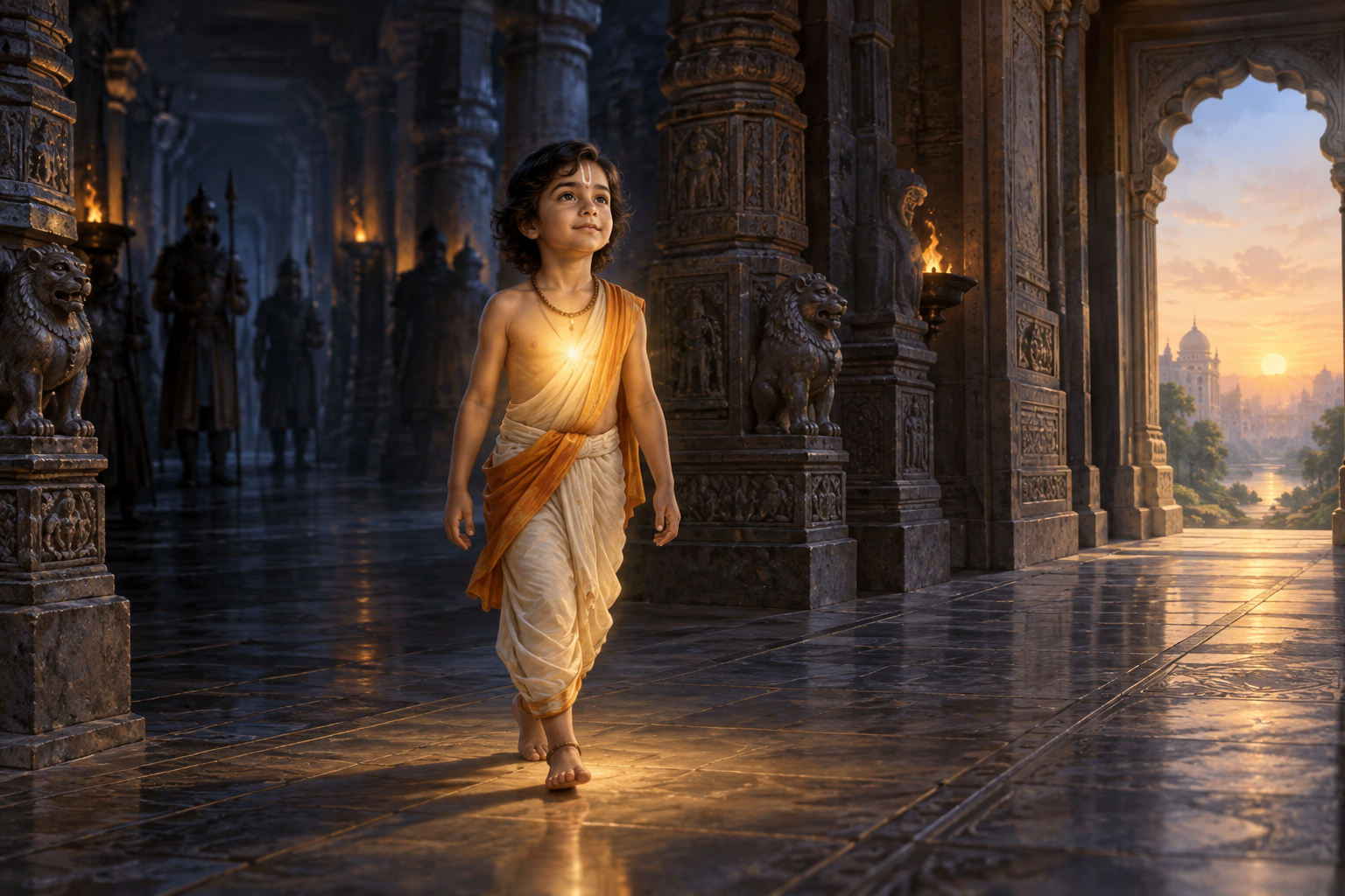 Prahlada walks calmly through a shadowed palace corridor with a soft golden light surrounding him despite signs of danger.