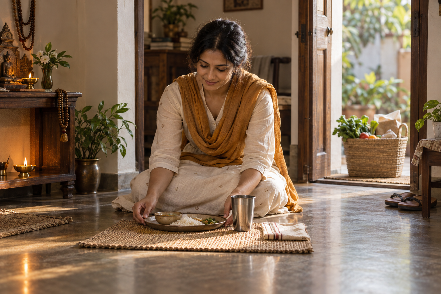 A practitioner stands between a simple meal, a home prayer space, and a basket of groceries prepared for a neighbor.