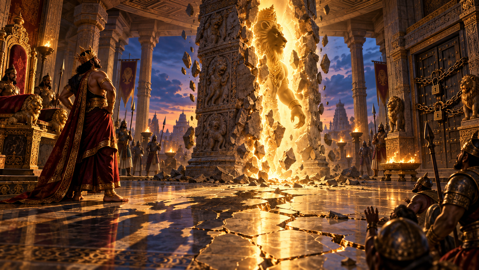 A palace pillar splits with golden light as Narasimha begins to emerge before a king surrounded by a throne, locked doors, and weapons.