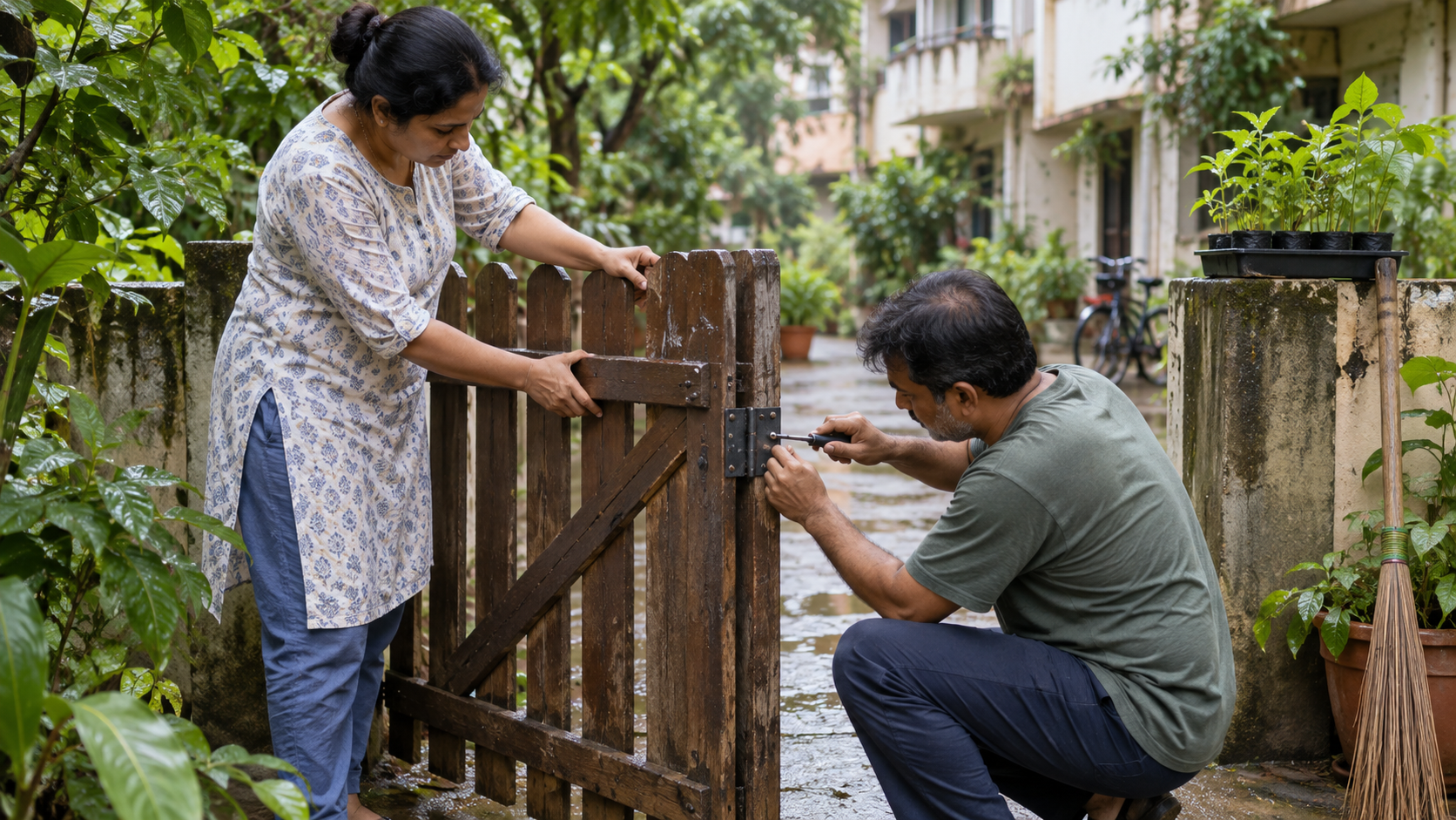 Two adults repair a damaged wooden gate together in a green neighborhood courtyard.