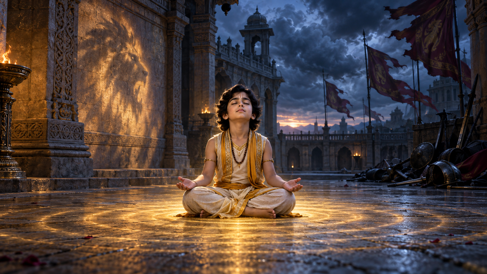 Prahlada sits peacefully with open hands in a storm-darkened courtyard as golden light spreads around him and weapons remain behind.