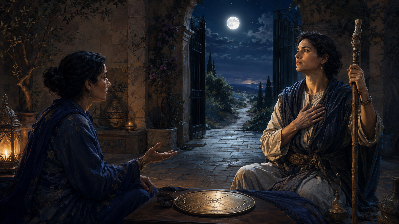 A seeker and an advisor sit beside an unlabeled brass astrological instrument, while the seeker holds a walking staff beside an open moonlit gate.
