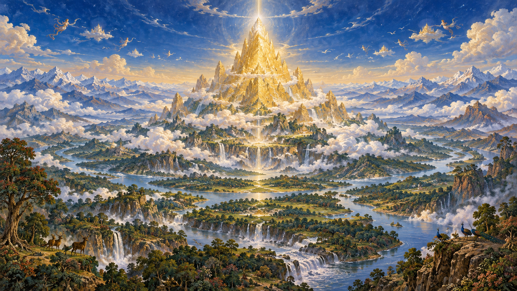 A radiant golden mountain rises at the center of a layered landscape beneath deep blue heavens, with forests, rivers, clouds and distant peaks arranged around it.