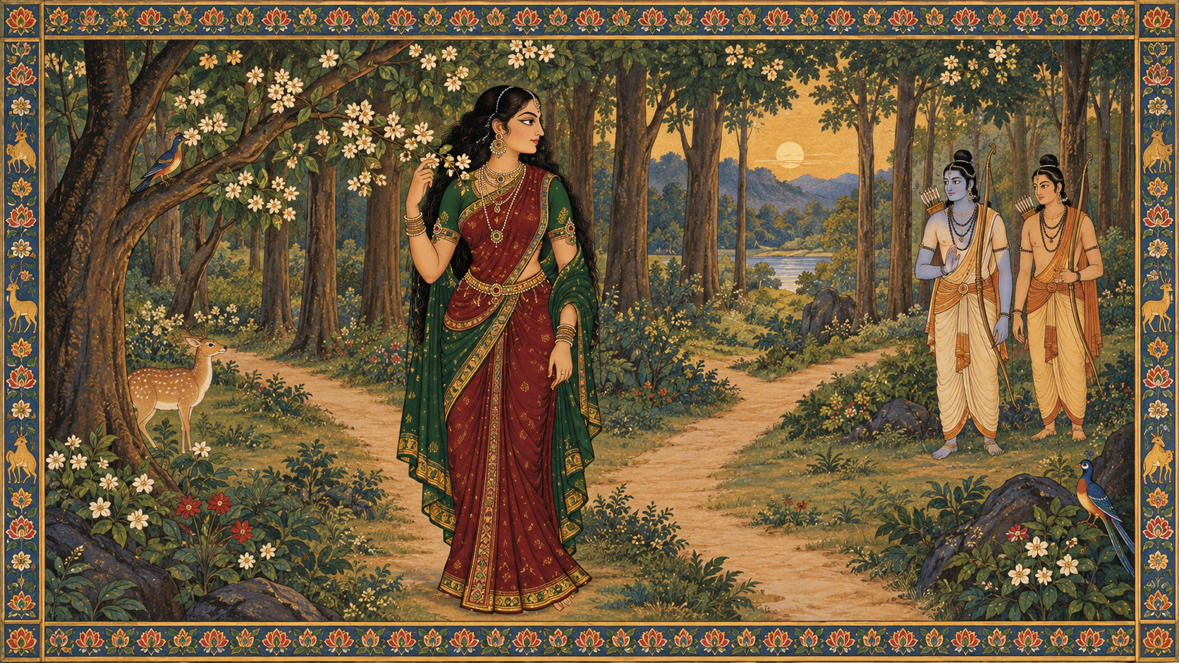 Surpanakha stands unharmed in a forest clearing as two princely ascetics face her from a distance beside a forked path.