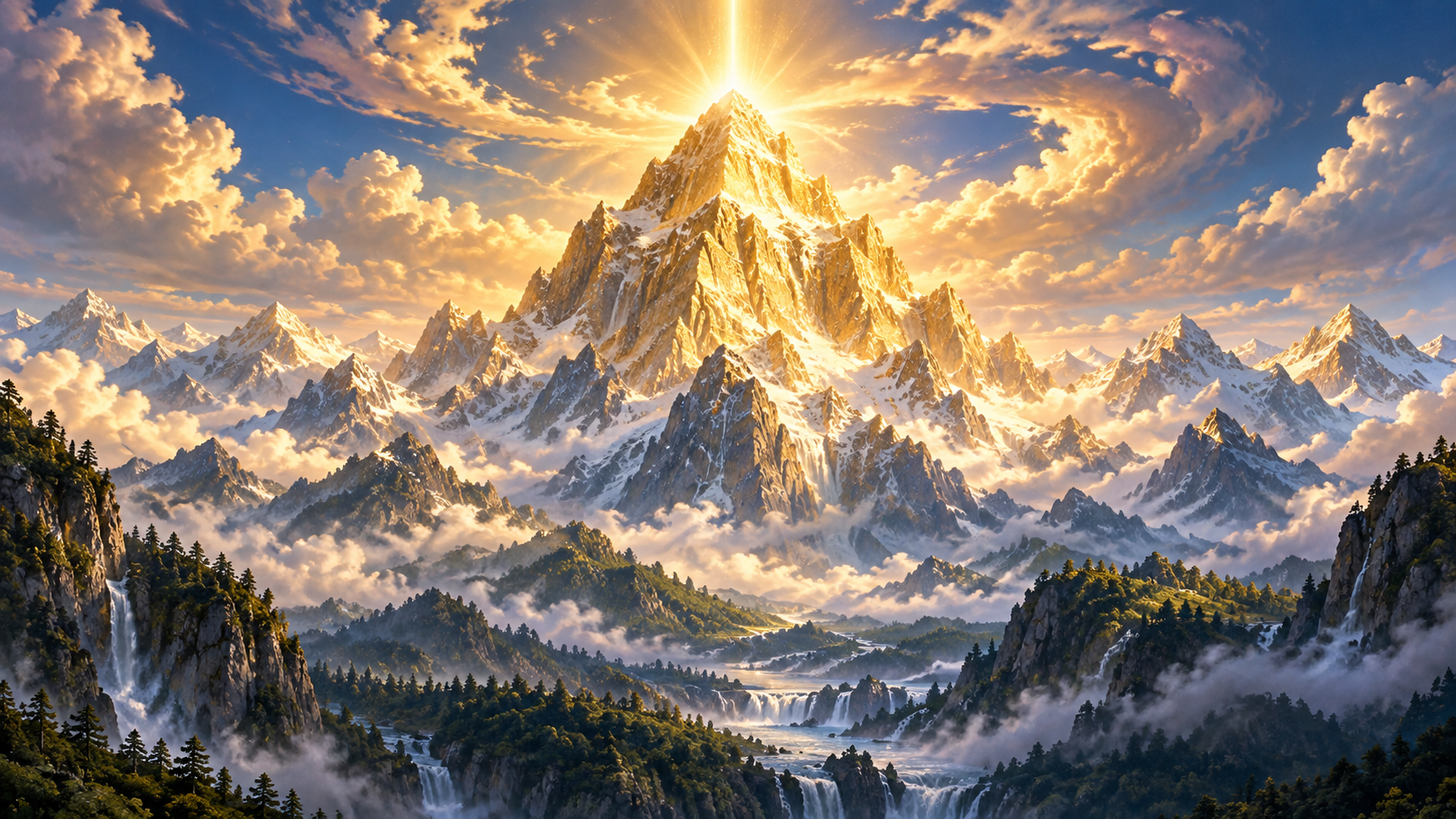 A towering golden peak glows above smaller mountains and forests as a vertical shaft of light rises through surrounding clouds.