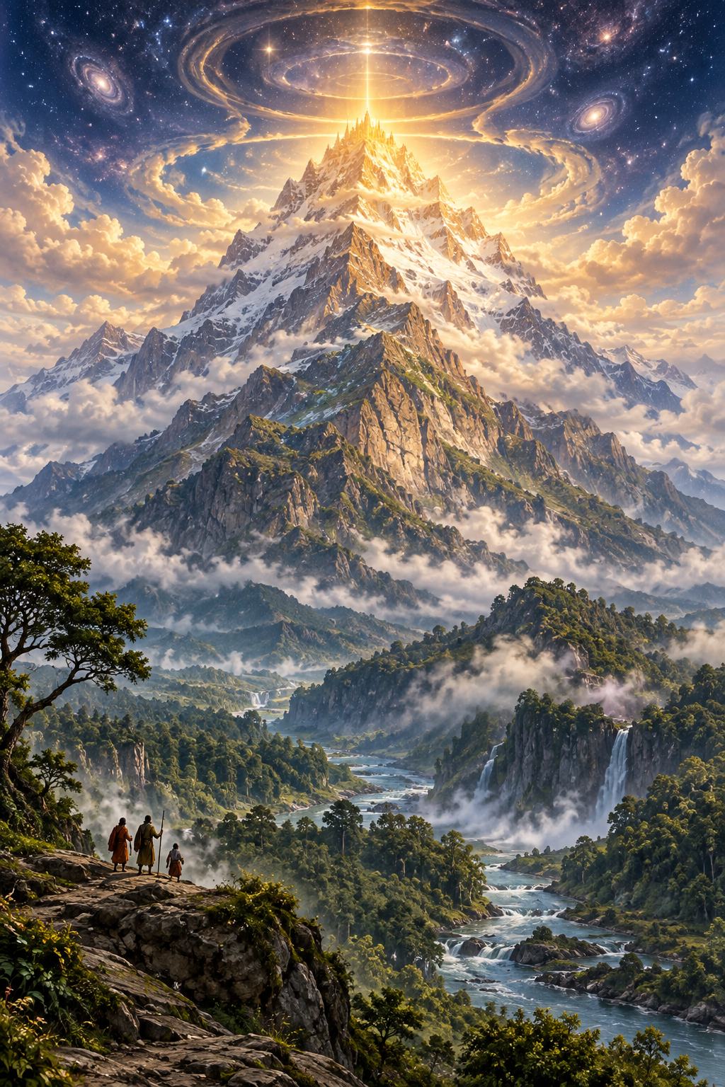 A rocky mountain rising from a forested valley gradually becomes a luminous golden axis amid clouds and stars, with small travelers at its base.