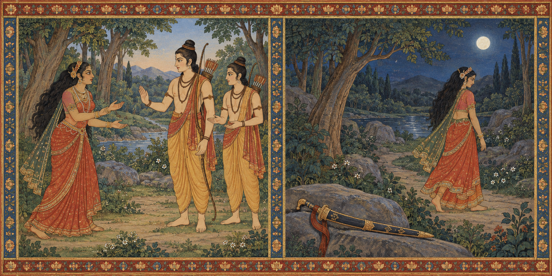 Two-panel illustration shows Surpanakha being rejected and then leaving the forest unharmed while a sheathed blade remains untouched.