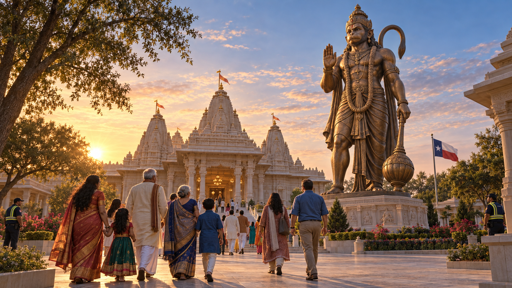 A monumental bronze-toned Hanuman murti rises above a temple courtyard as families and neighbors approach at sunrise.